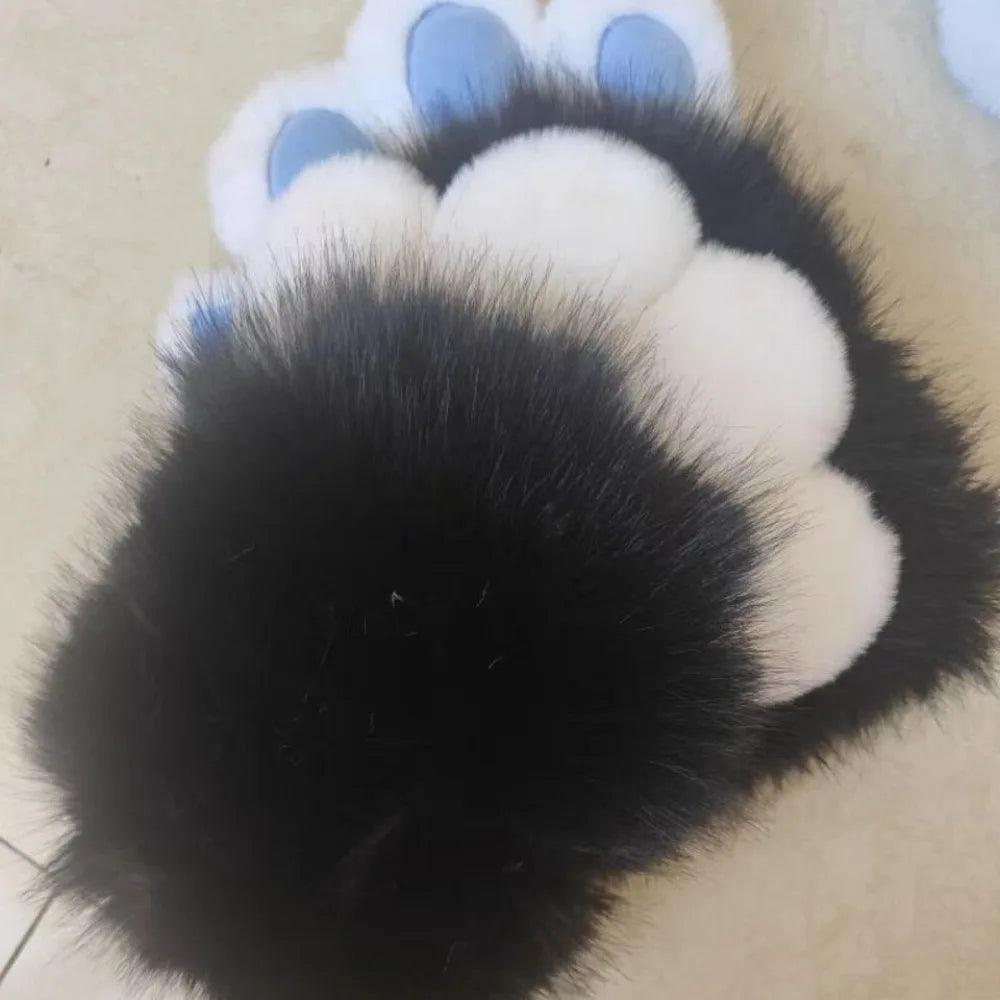 Fluffy Black Faux Fur Paw with White Pads and Blue Tips