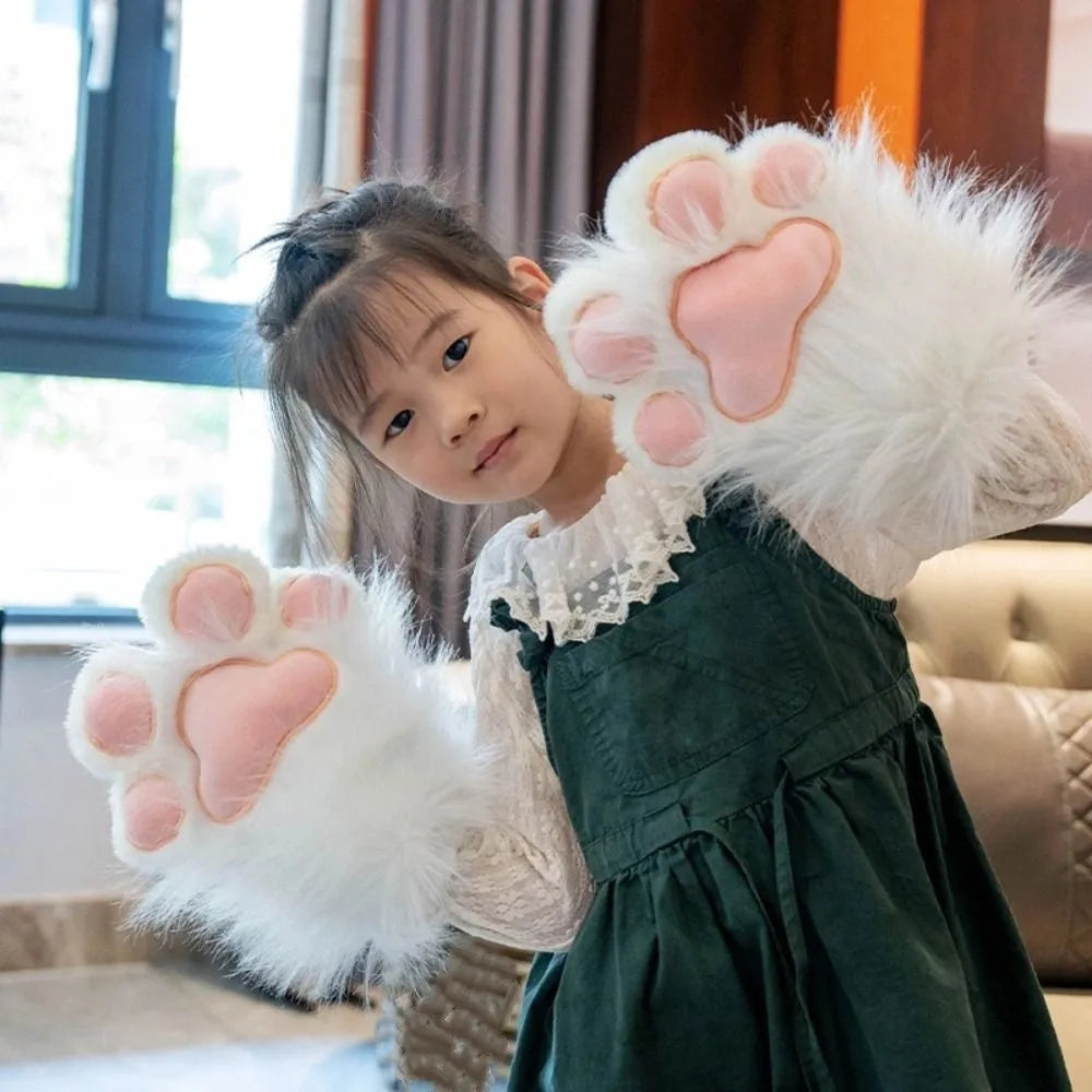 Plush Grey Faux Fur Cat Paw Mittens