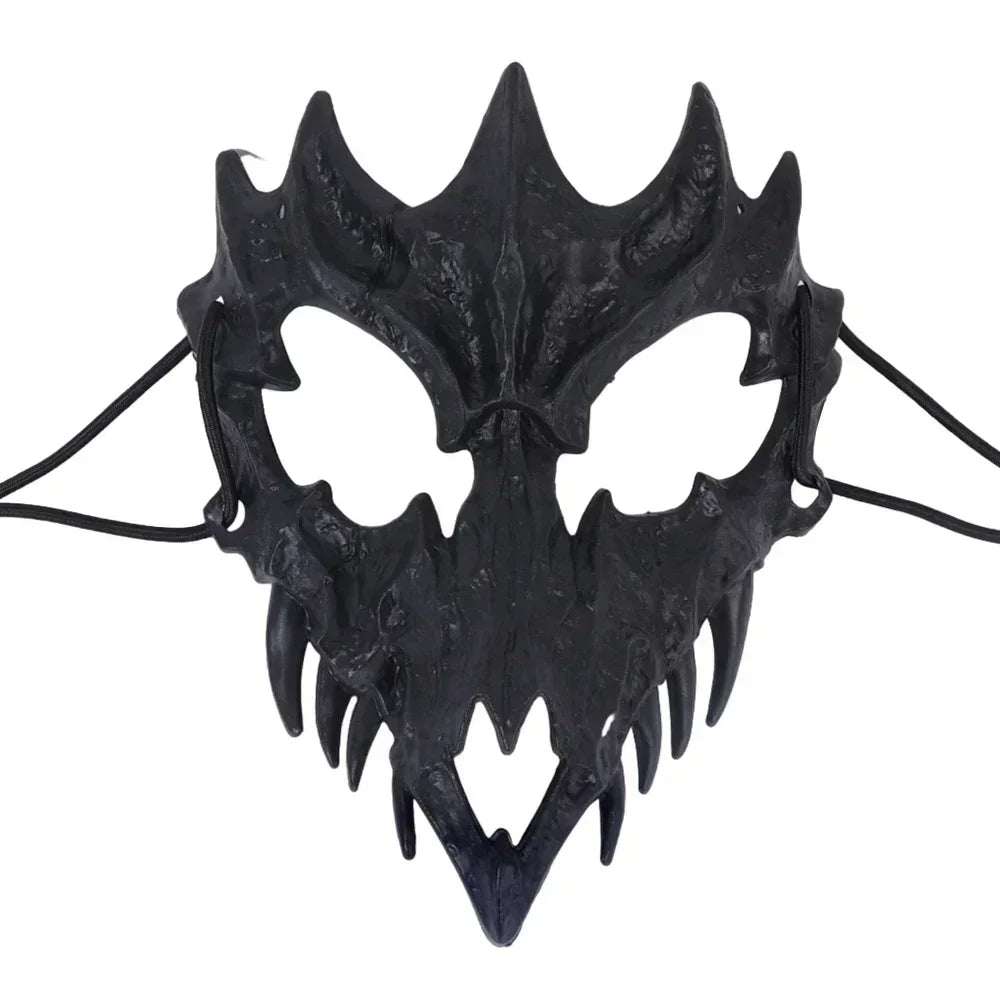 Gothic Black Dragon Mask with Horns and Fangs
