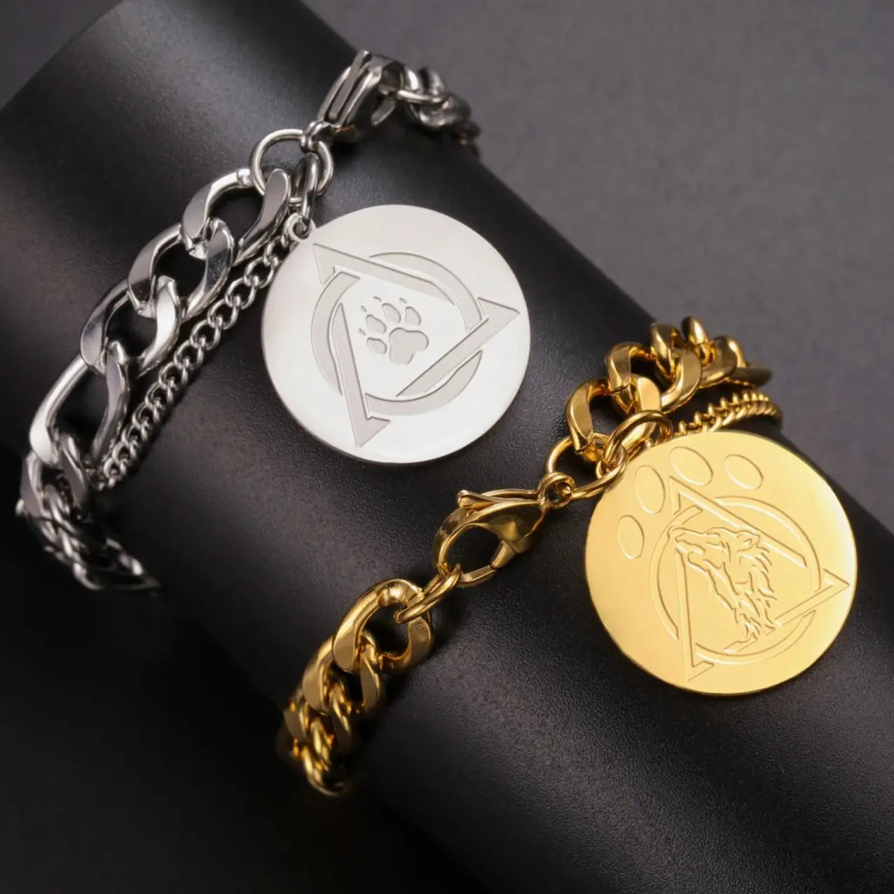 Gold-Tone Layered Figaro Bracelet with Wolf Charm