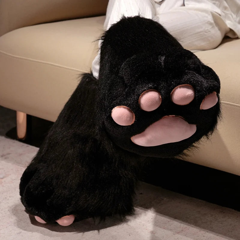 Soft Black Furry Paw Slipper with Pink Pads