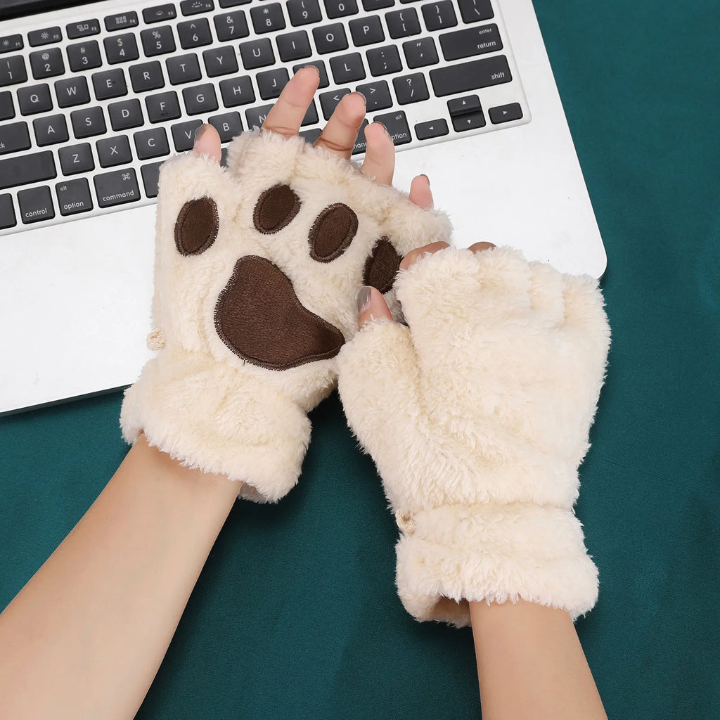 Brown Fluffy Paw Fingerless Mittens with Pink Pads