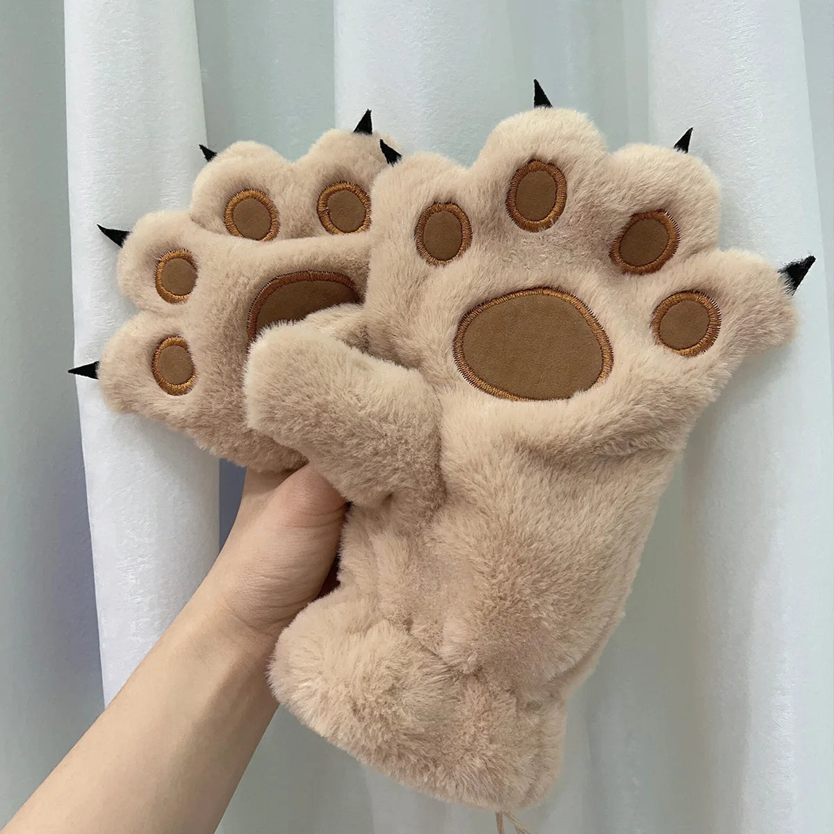 Fluffy Beige Paw Mittens with Black Claws