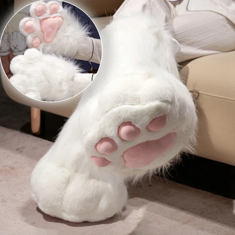 White Faux Fur Paw Slipper with Pink Toe Beans