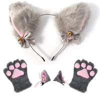Fuzzy Gray Cat Ears Set with Paws, Bells & Clips