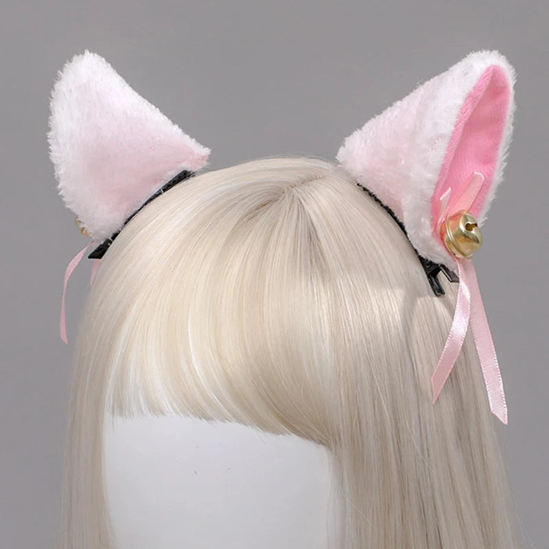 Fluffy Pink and White Cat Ears Hair Clips with Bells