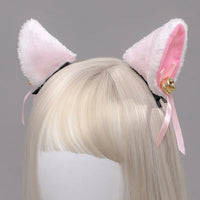 Fluffy Pink and White Cat Ears Hair Clips with Bells