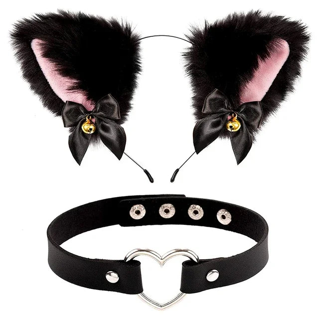 Black Faux Fur Cat Ears Headband with Bows & Heart Choker