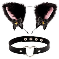 Black Faux Fur Cat Ears Headband with Bows & Heart Choker