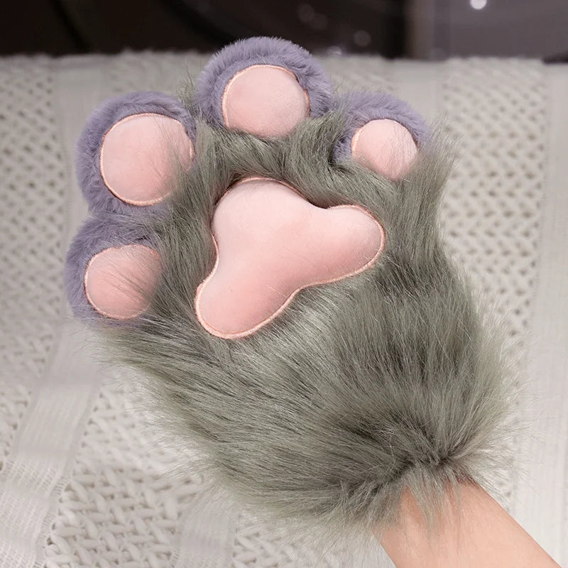 Fluffy Grey Cat Paw Glove with Pink Pads