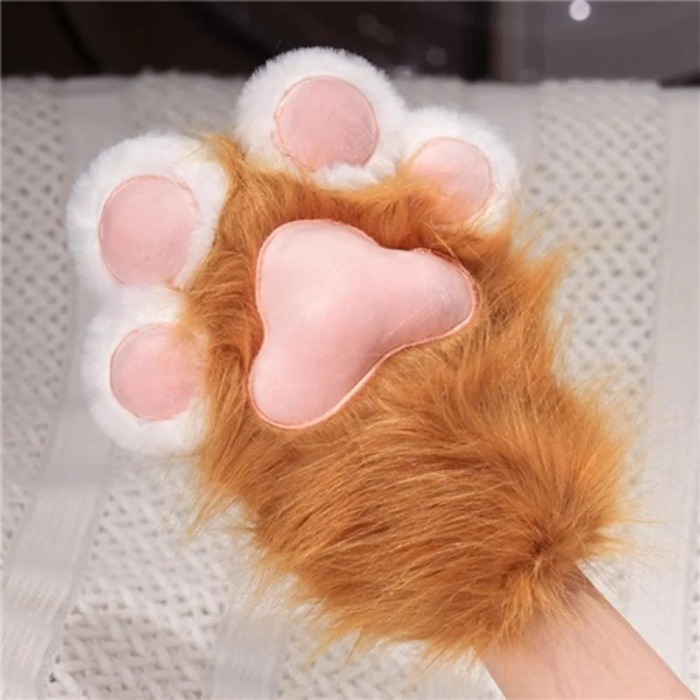 Plush Grey Faux Fur Cat Paw Mittens