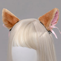 Fuzzy Tan Cat Ears Clips with Pink Bows