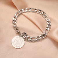 Silver Figaro Chain Bracelet with Engraved Wolf Charm