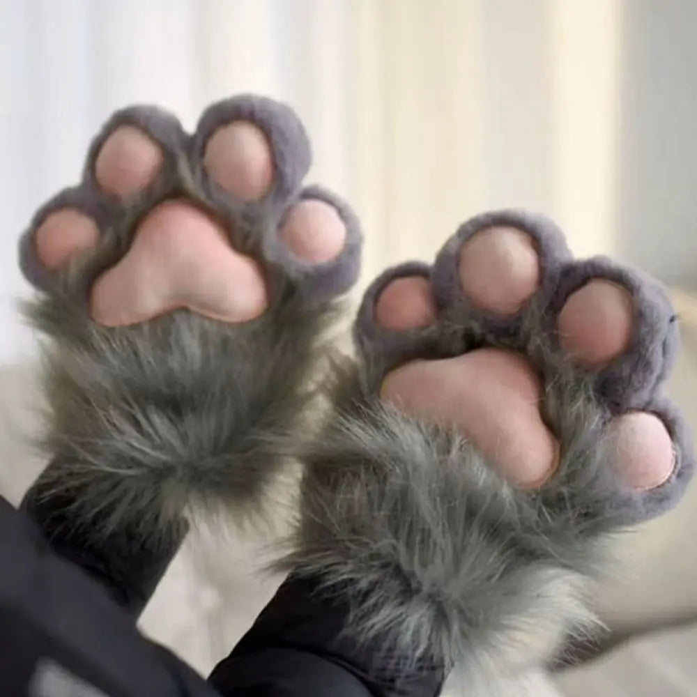 Plush Grey Faux Fur Cat Paw Mittens