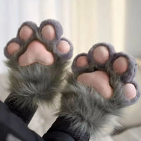 Plush Grey Faux Fur Cat Paw Mittens