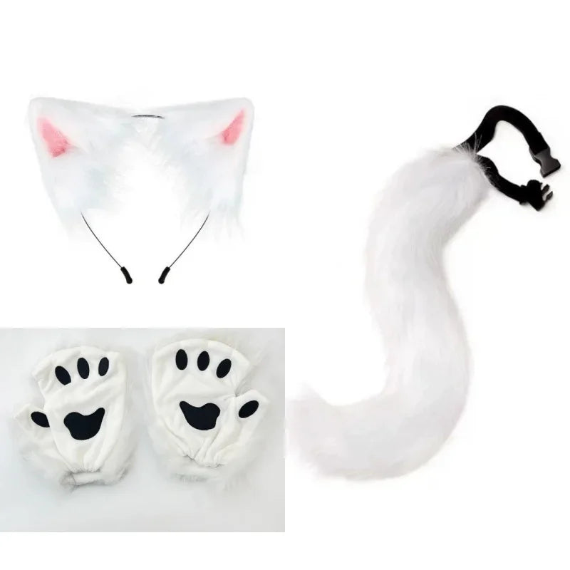 White Fluffy Cat Cosplay Set with Ears, Tail, Paw Gloves