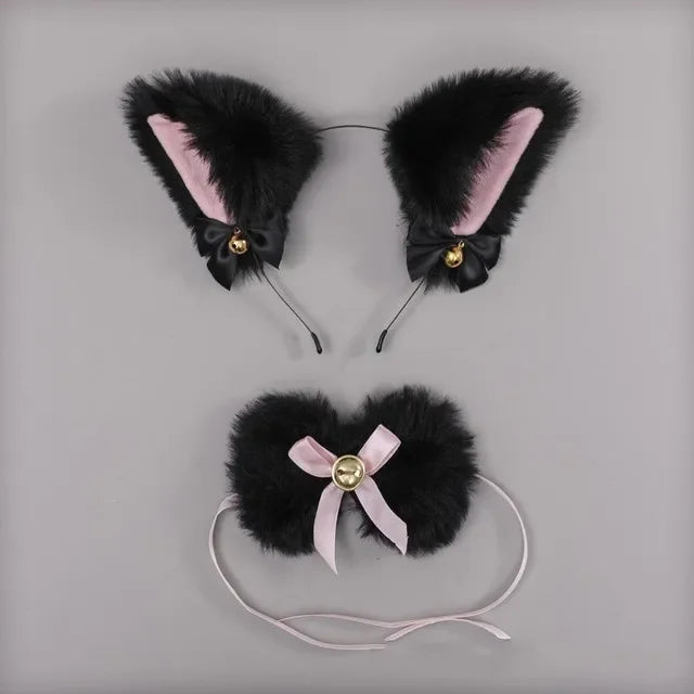 Black Faux Fur Cat Ears & Choker Set with Bells