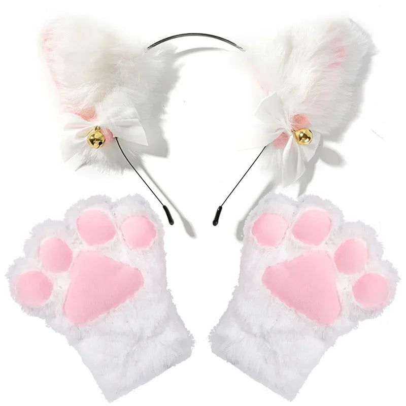 Furry Black Cat Ears Headband with Pink Paw Gloves