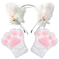 Furry Black Cat Ears Headband with Pink Paw Gloves
