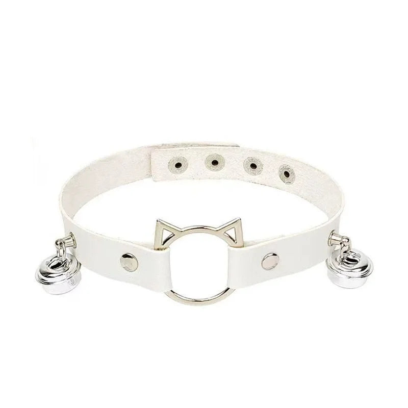White Faux Leather Cat Ear Choker with Bells