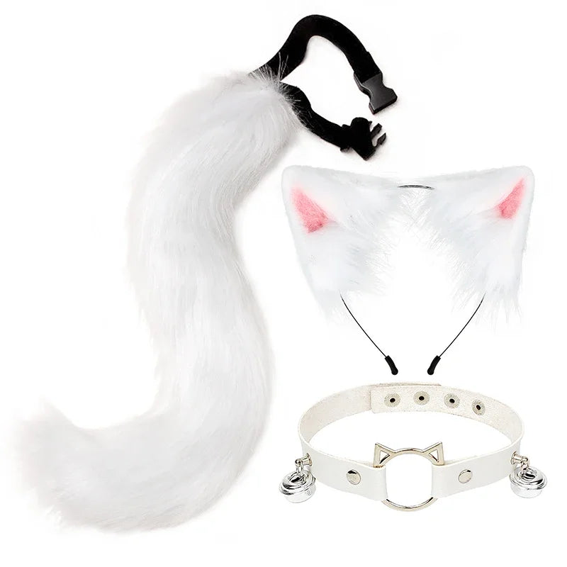 White Faux Fur Cat Cosplay Set with Bells