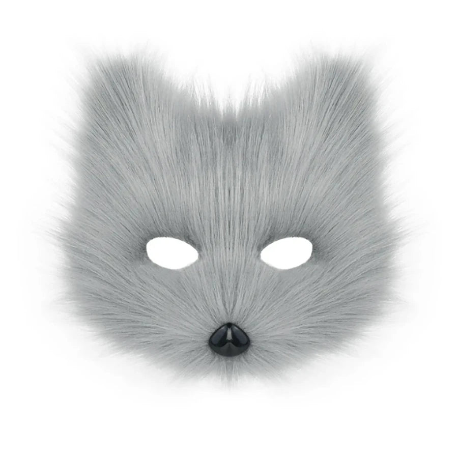 Light Grey Faux Fur Fox Mask with Black Nose