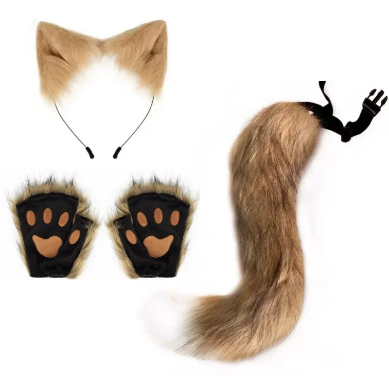 Tan Faux Fur Fox Cosplay Tail Ears Paw Gloves Set