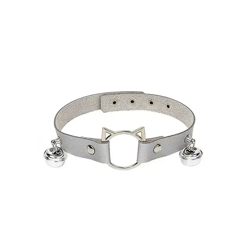Silver Faux Leather Cat Collar Choker with Bells