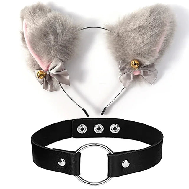 Gray Faux Fur Cat Ears Headband with O-Ring Collar