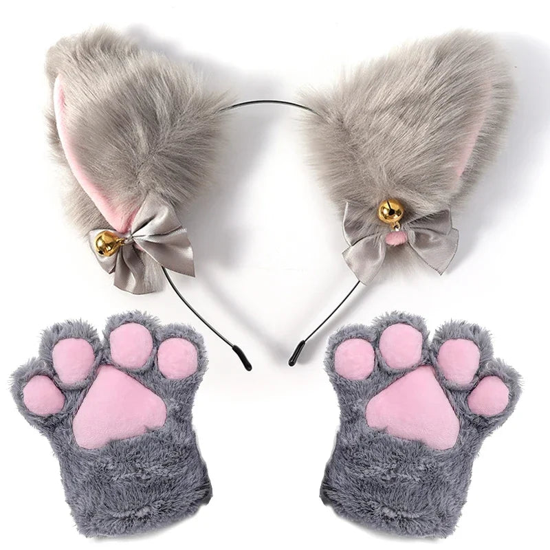 Kawaii Grey Faux Fur Cat Ears & Paw Gloves Set
