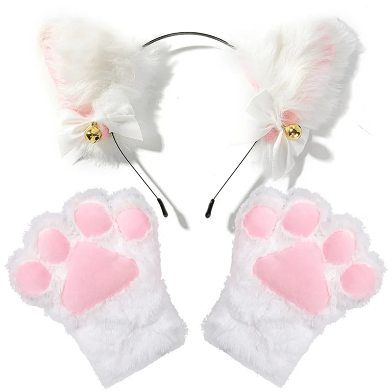 Fluffy White Cat Ears Headband with Bells and Paw Gloves