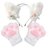 Fluffy White Cat Ears Headband with Bells and Paw Gloves
