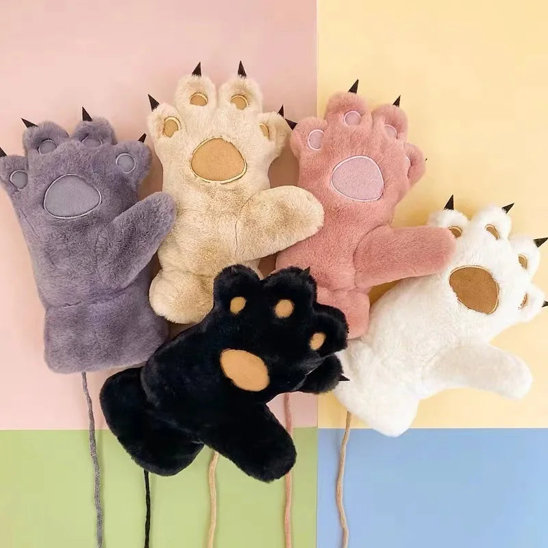 Fluffy Beige Paw Mittens with Black Claws