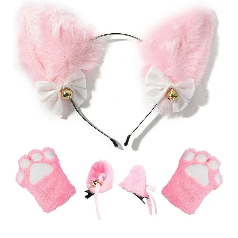 Pink Faux Fur Cat Ears Headband with Paw Mittens