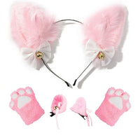 Pink Faux Fur Cat Ears Headband with Paw Mittens