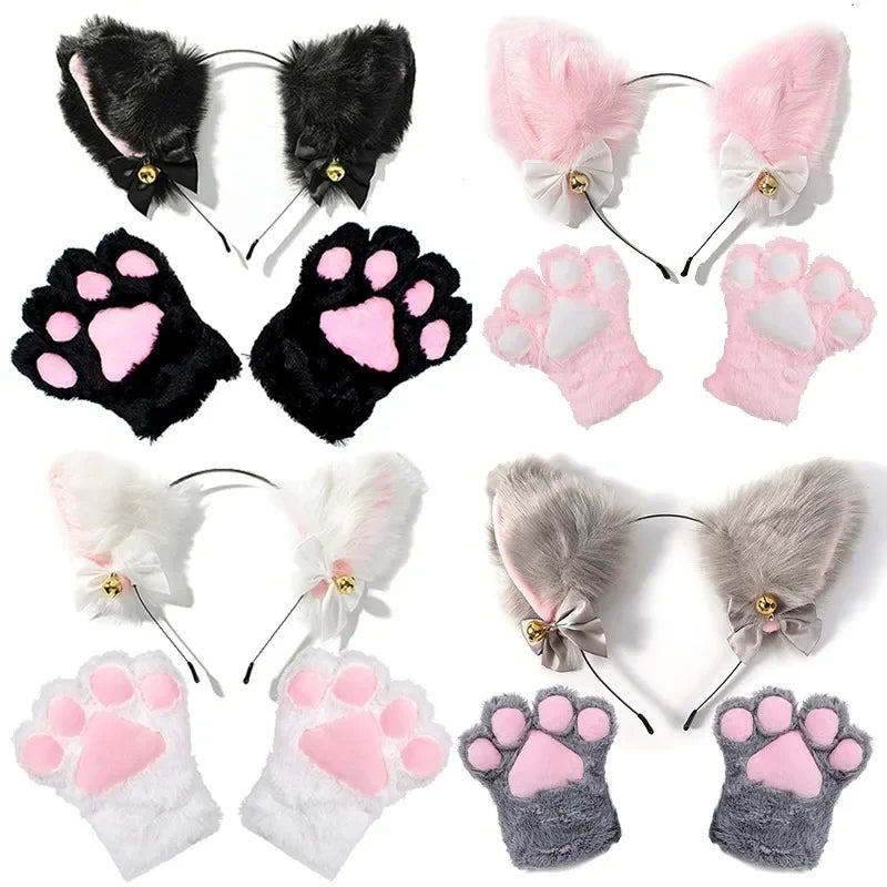 Pink Fluffy Cat Ears Headband with Black Heart Choker