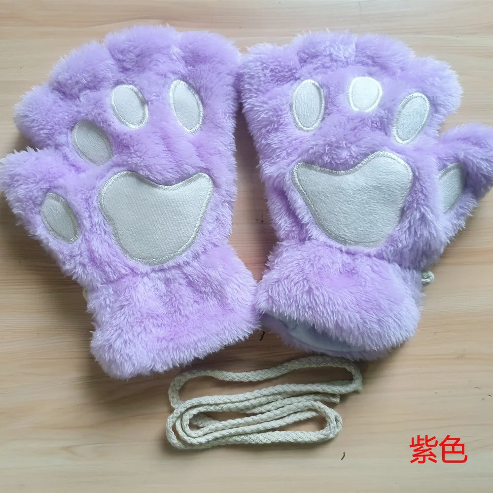Lavender Plush Paw Fingerless Gloves