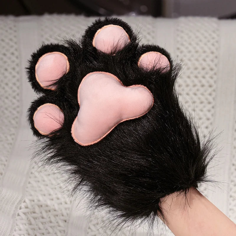 Furry Black Animal Paw Mitten with Pink Pads