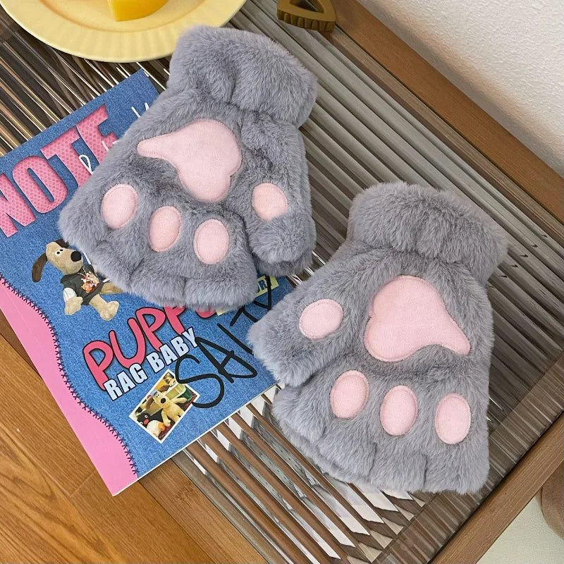 Cute Grey Faux Fur Paw Fingerless Gloves
