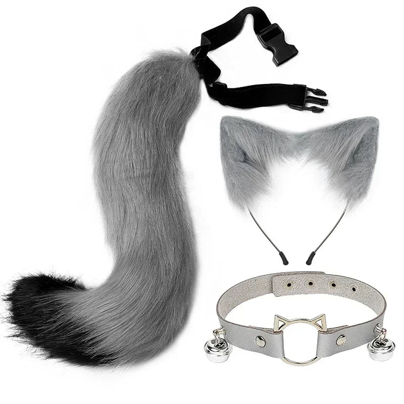 Gray Faux Fur Cat Cosplay Set with Tail and Ears
