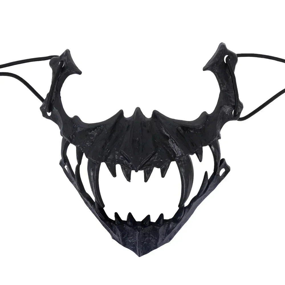Matte Black Horned Demon Jaw Mask