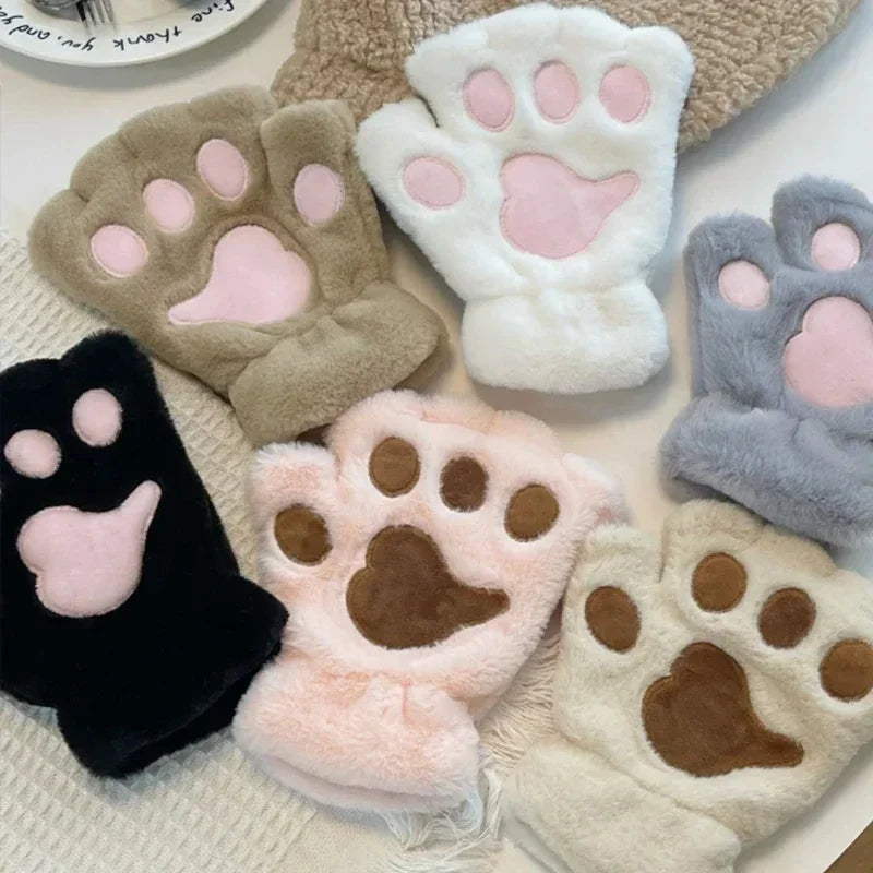 Cute Grey Faux Fur Paw Fingerless Gloves