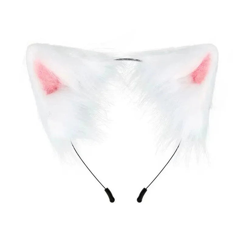 Fluffy White Cat Ears Headband with Pink Inner