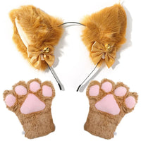 Cute Brown Cat Ear Headband & Paw Gloves Set with Bells