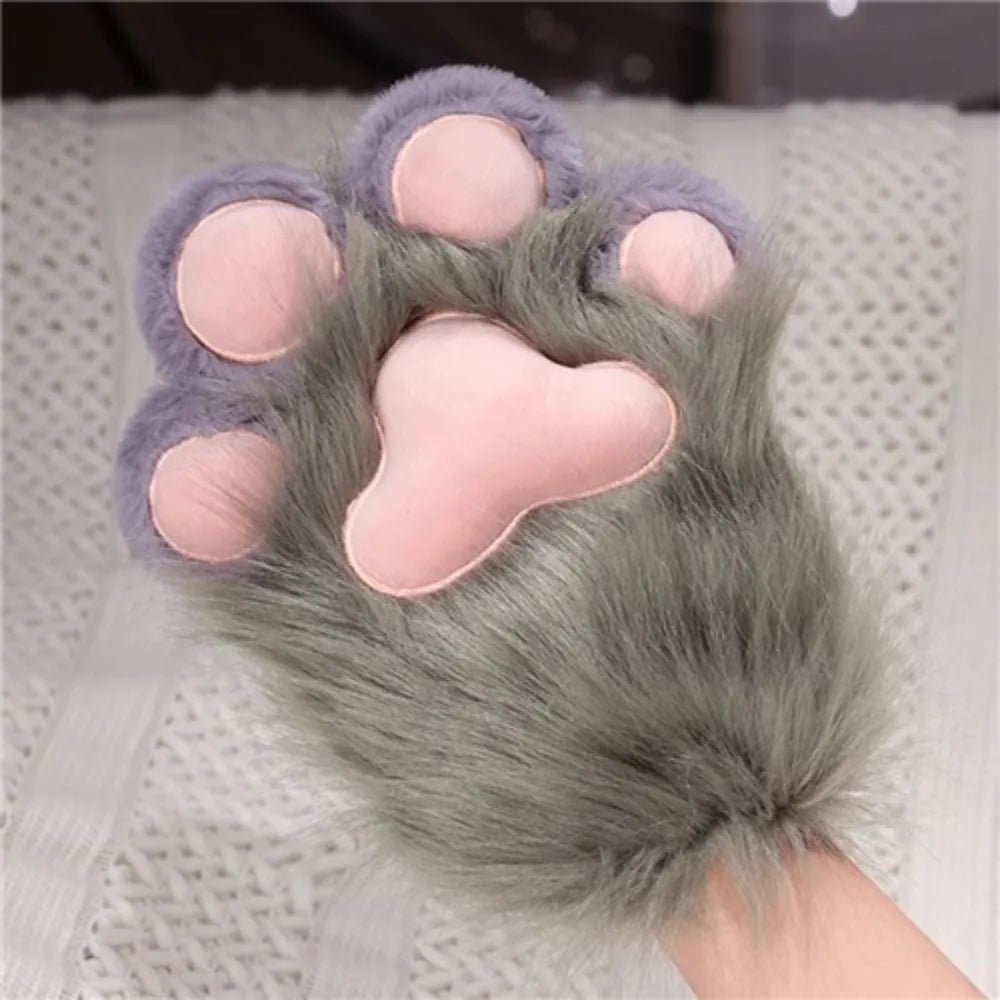 Plush Grey Faux Fur Cat Paw Mittens