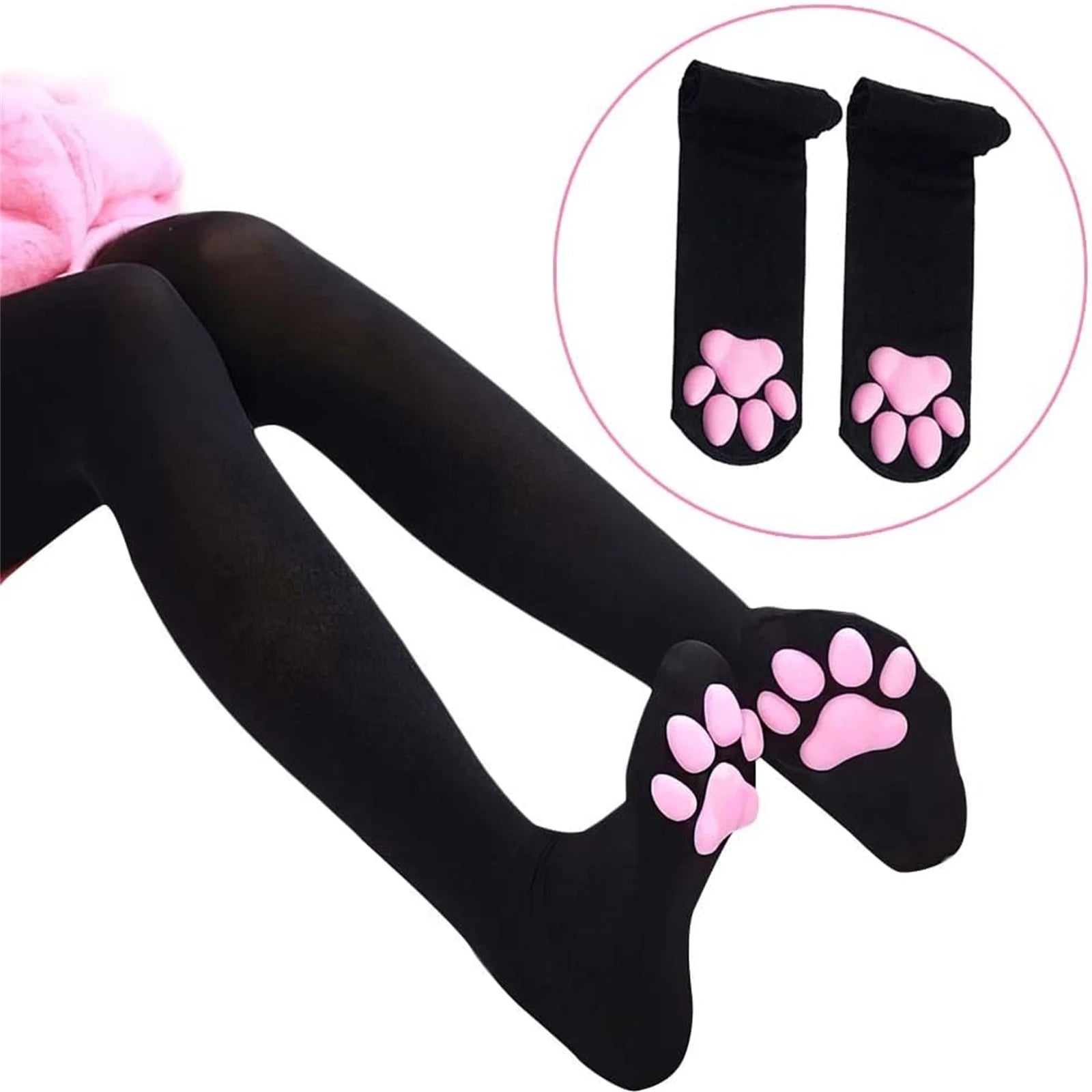 Kawaii Black Cat Paw Thigh-High Socks