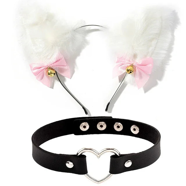 White Faux Fur Cat Ears Headband and Heart Choker Set