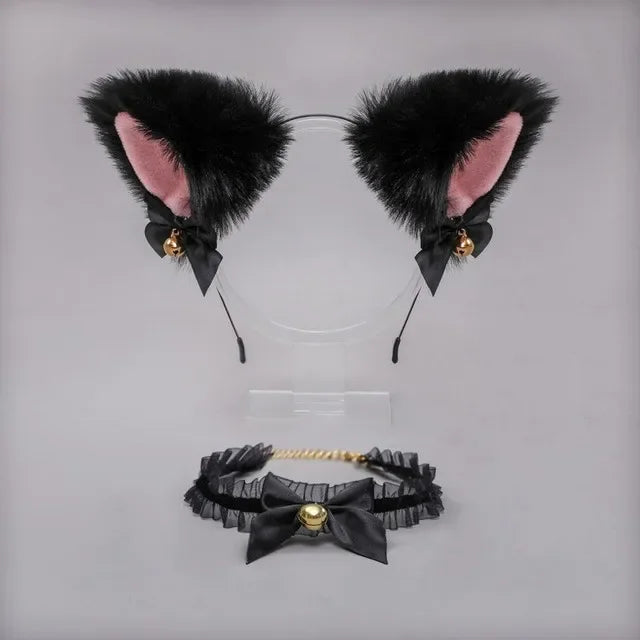 Black Faux Fur Cat Ears Headband & Lace Choker Set