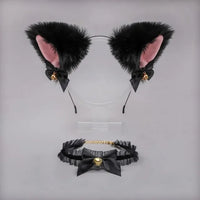 Black Faux Fur Cat Ears Headband & Lace Choker Set