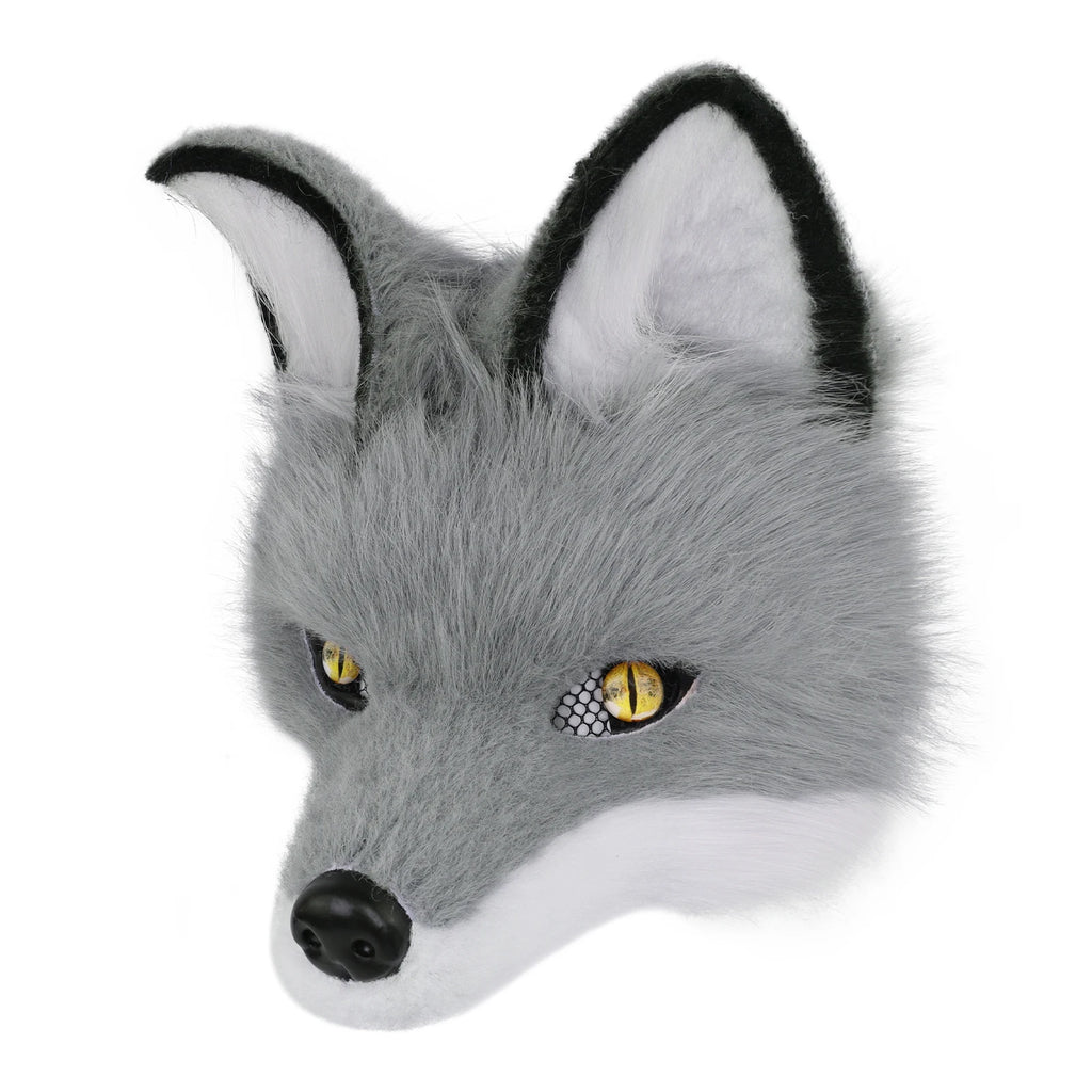 Gray Faux Fur Fox Mask with Yellow Eyes